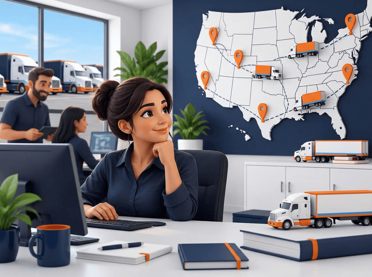 A friendly trucking dispatcher coordinating a fleet from a modern operations office